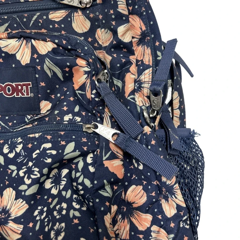 Jansport Navy & Pink Hibiscus Backpack Cross Town Student Bag Multiple Pockets